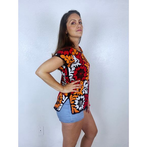 vintage 70s Orange Red EMBROIDERED BIRDS Jalapa Huipil MEXICAN Top os tunic boho - Picture 4 of 10